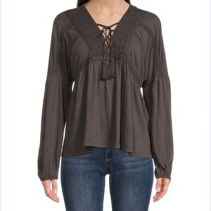 Lucky Brand Peasant Top Tassel Tie Lace Trim Elastic Cuffs Babydoll